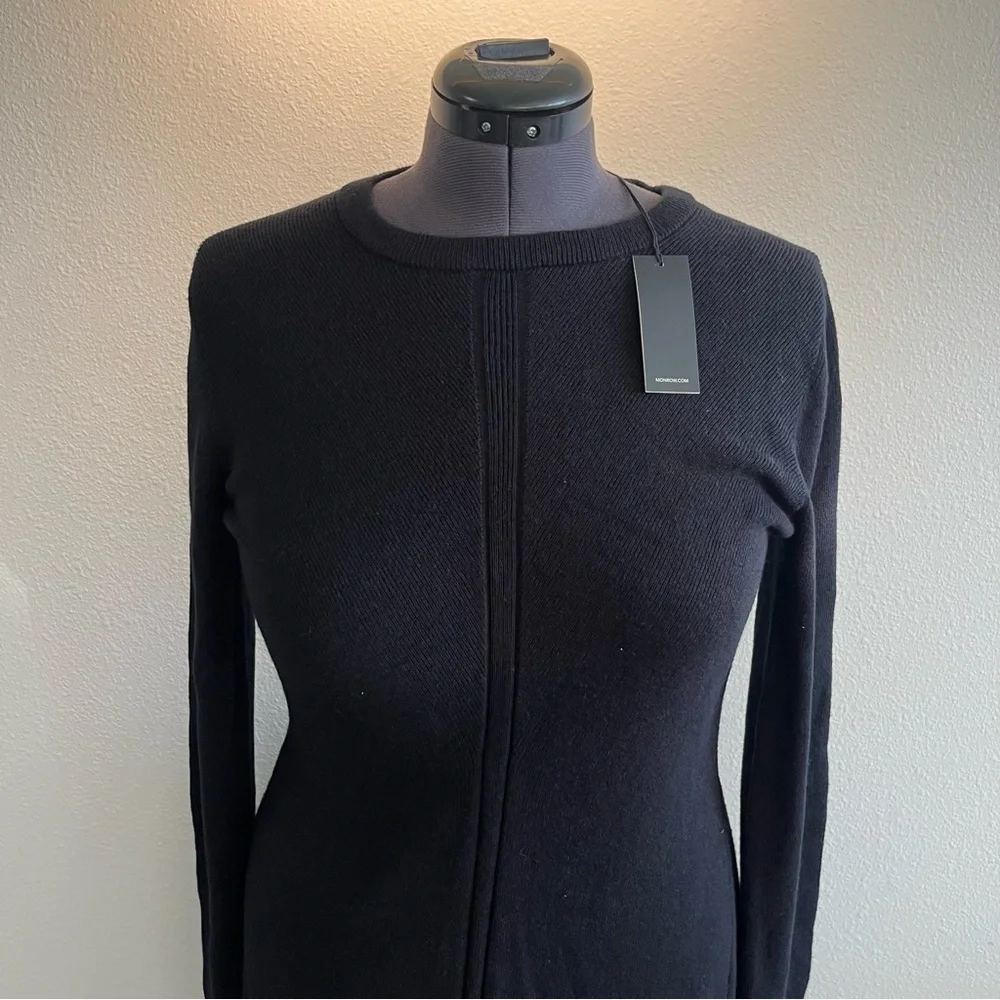 NWT Monrow Black Cotton Cashmere Long Sleeve Fit & Flare Knit Mini Sweater Dress - Picture 4 of 9